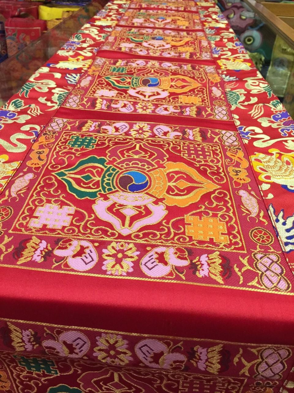 Tibetan red double Dorje Silk Brocade Large Table Runner/shrine table cover