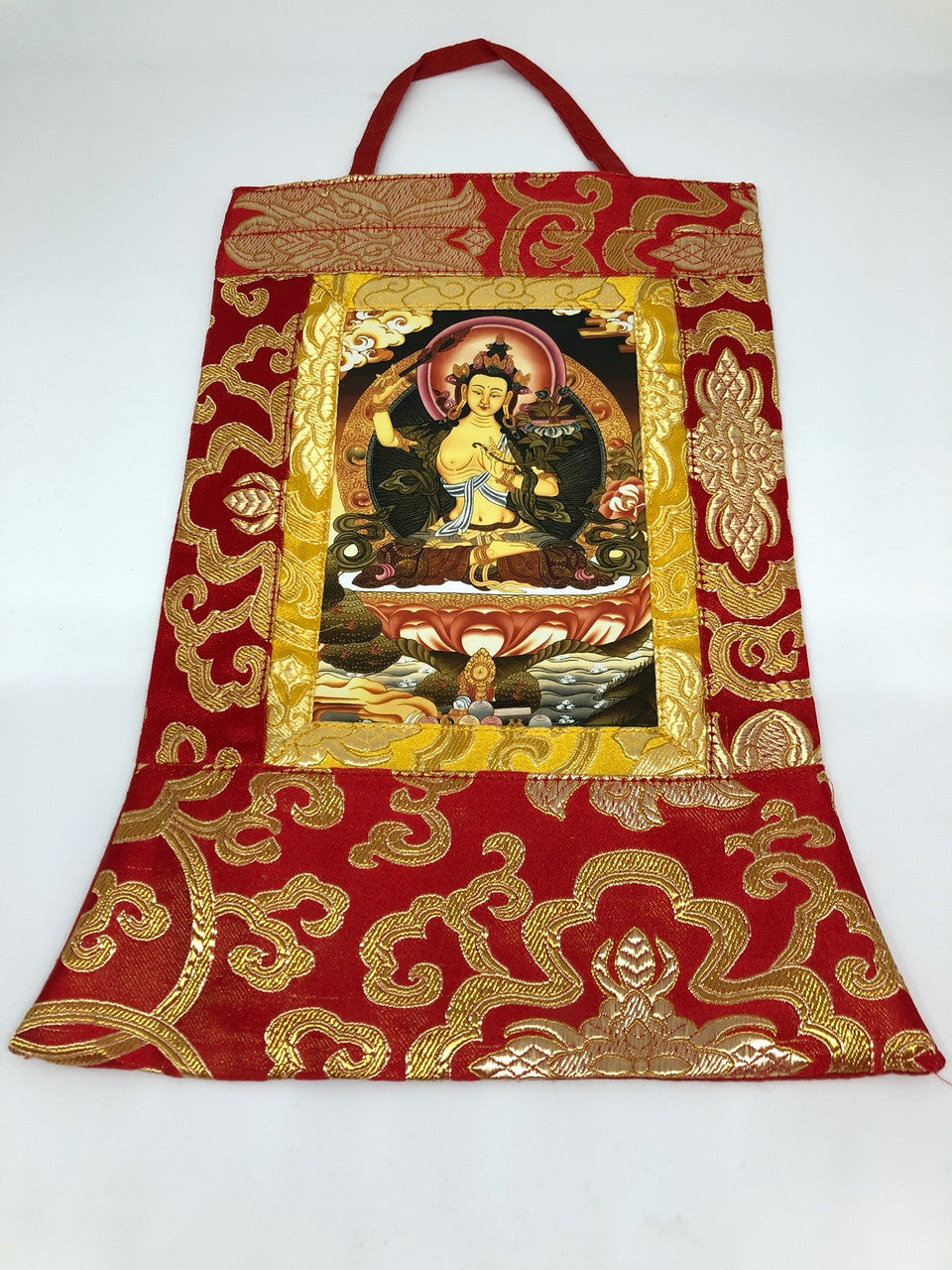 Tibetan silk brocade manjushri/manjushree small photo thangka / wall hanging