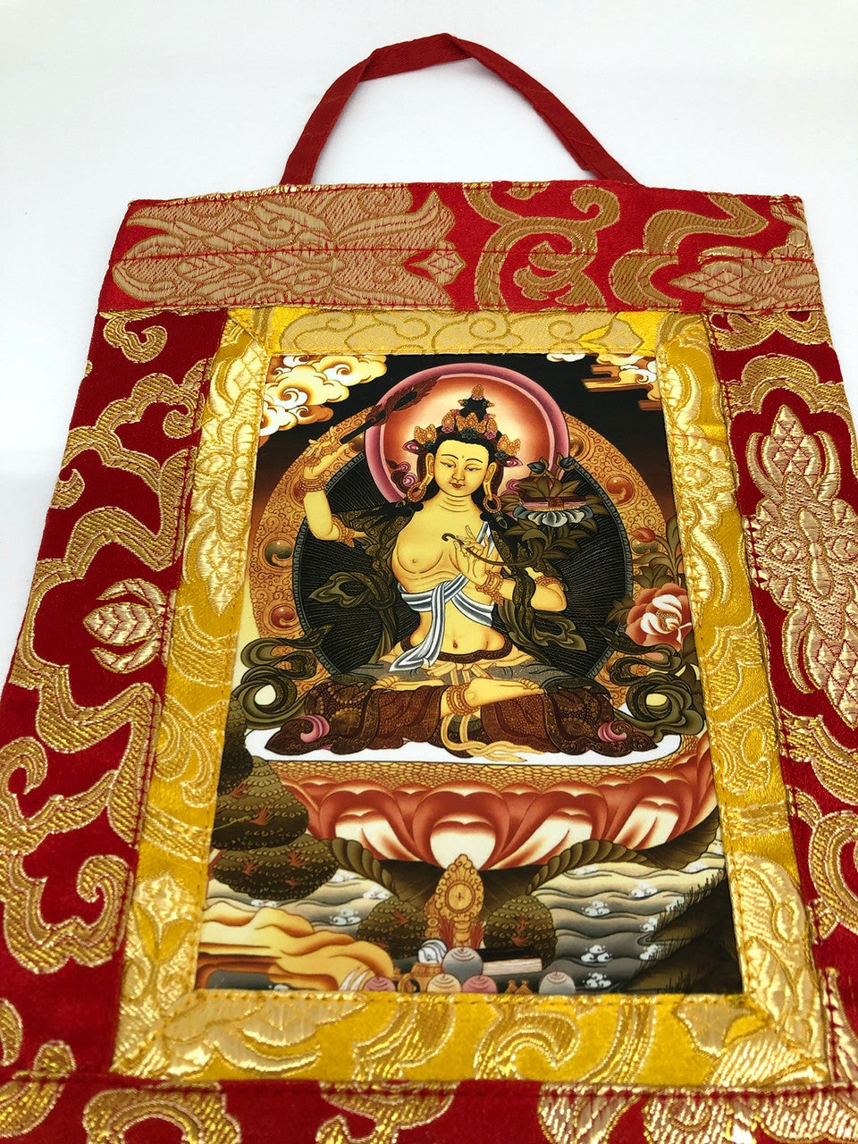 Tibetan silk brocade manjushri/manjushree small photo thangka / wall hanging