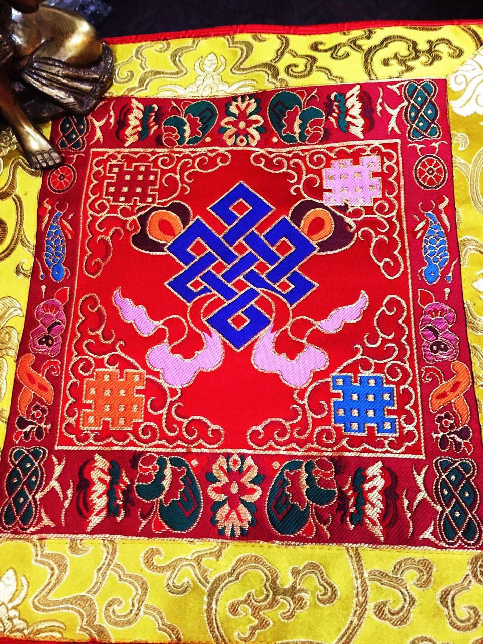 Tibetan red silk brocade endless knot shrine place mat / table cover / altar cloth