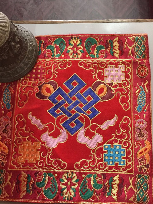 Tibetan red silk brocade endless knot shrine place mat / table cloth / altar cover