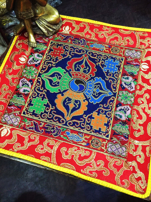 Tibetan Buddhist silk brocade lotus and dorje placemat / table cloth / altar cover / shrine cloth / mat