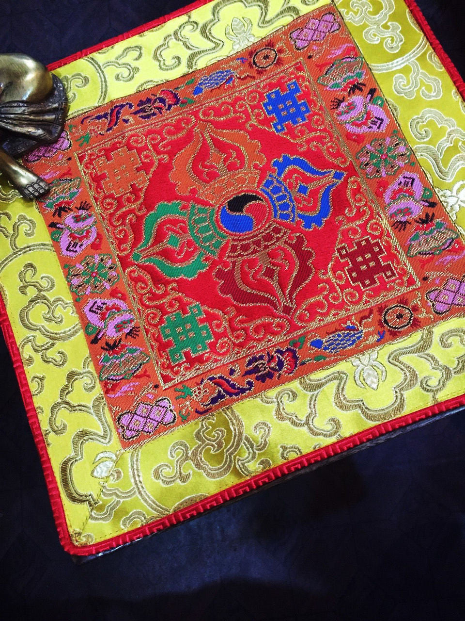 Tibetan Buddhist silk brocade lotus and dorje red placemat / table cloth / altar cover / shrine cloth / mat