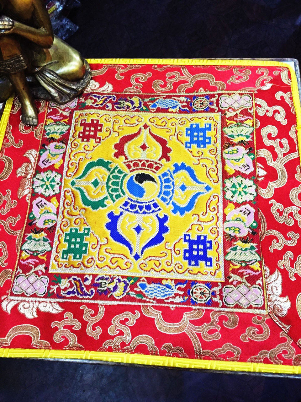 Tibetan Buddhist silk brocade lotus and dorje yellow placemat / table cloth / altar cover / shrine cloth / mat