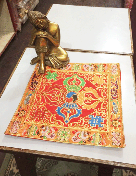 Tibetan red silk brocade double dorji / dorje shrine place mat / table cover / altar cloth