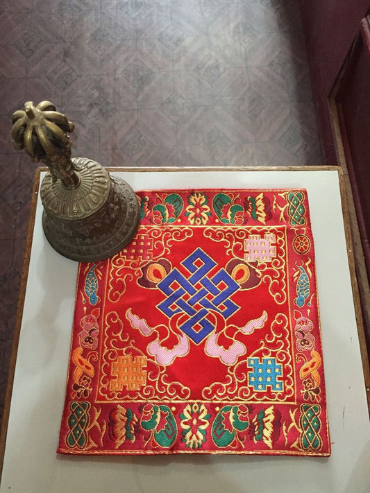 Tibetan red silk brocade endless knot shrine place mat / table cloth / altar cover