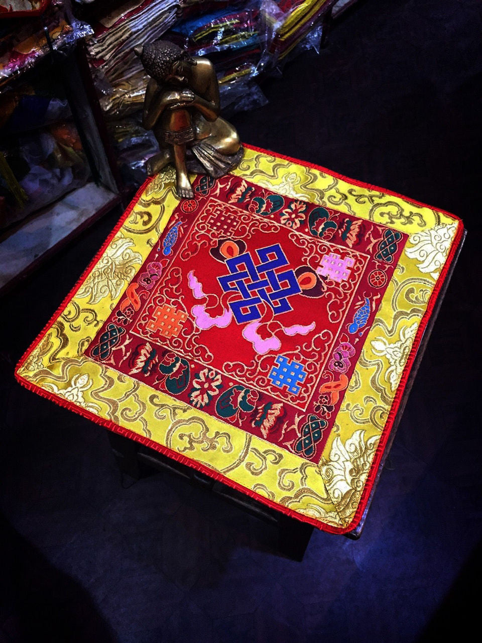 Tibetan red silk brocade endless knot shrine place mat / table cover / altar cloth