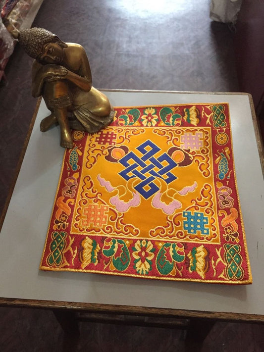 Tibetan yellow silk brocade endless knot shrine placemat / table cover / altar cloth