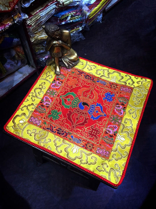 Tibetan Buddhist silk brocade lotus and dorje red placemat / table cloth / altar cover / shrine cloth / mat