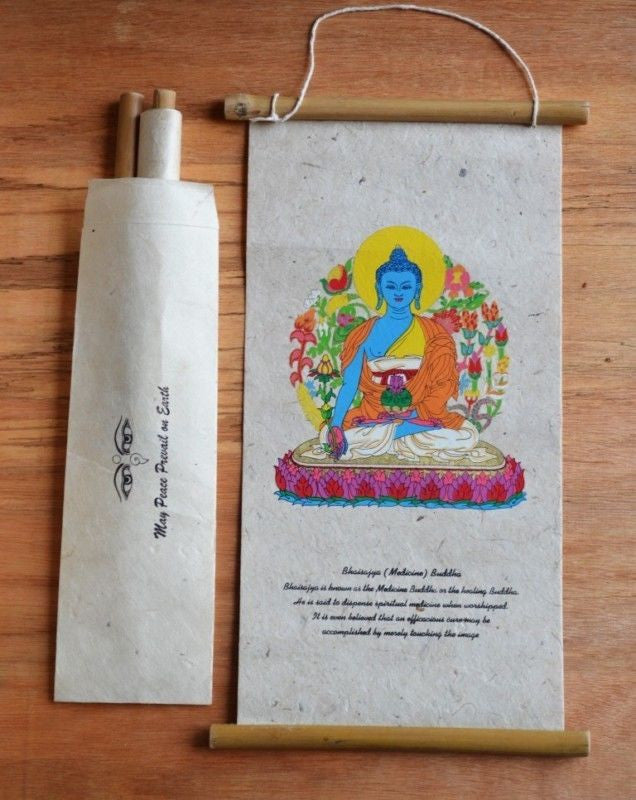 Nepalese handmade lokta paper Medicine Buddha wall hanging