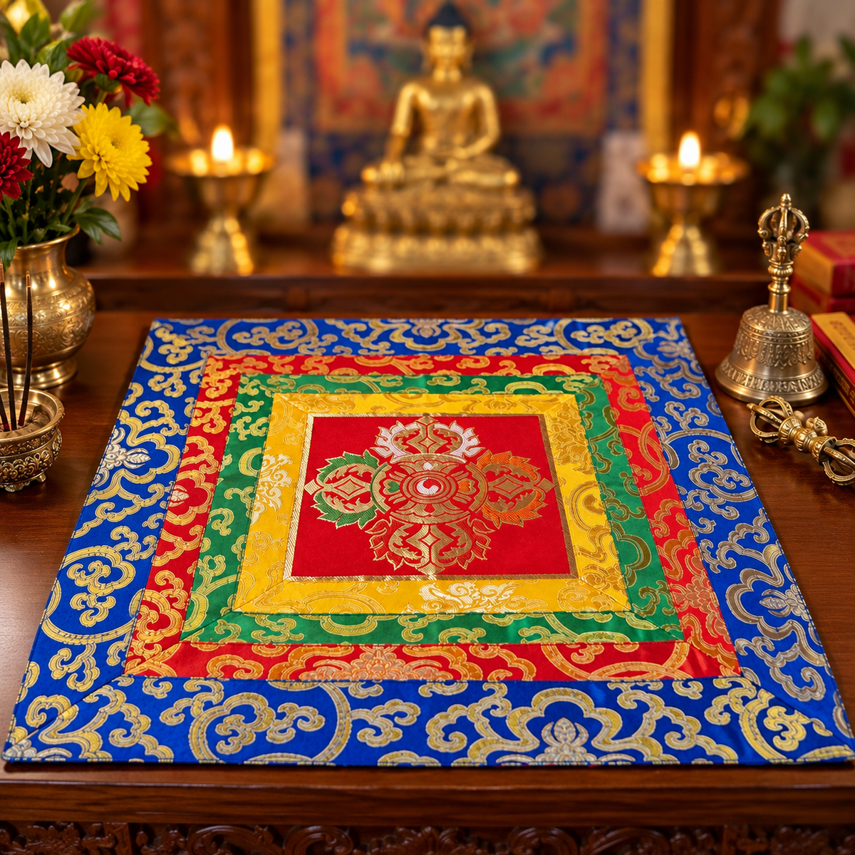 Free shipping for USA ,Tibetan Buddhist Silk Brocade Altar Table Cover with Sacred Dorje Design – Handmade in Nepal