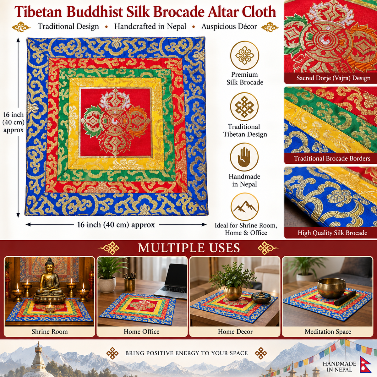 Free shipping for USA ,Tibetan Buddhist Silk Brocade Altar Table Cover with Sacred Dorje Design – Handmade in Nepal