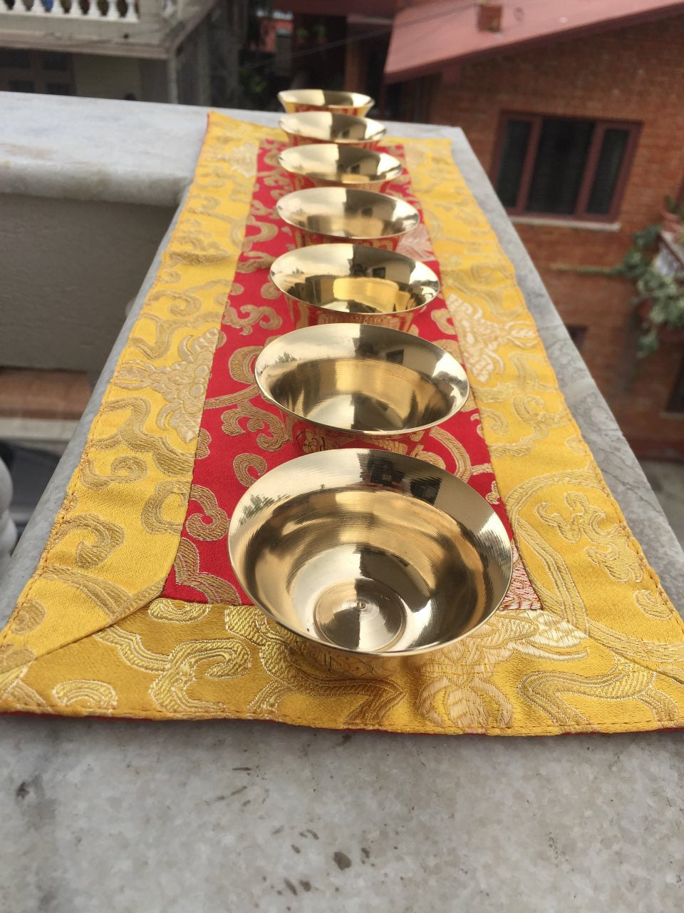 Tibetan buddhist medium size brass water offering bowls / set of 7 piece