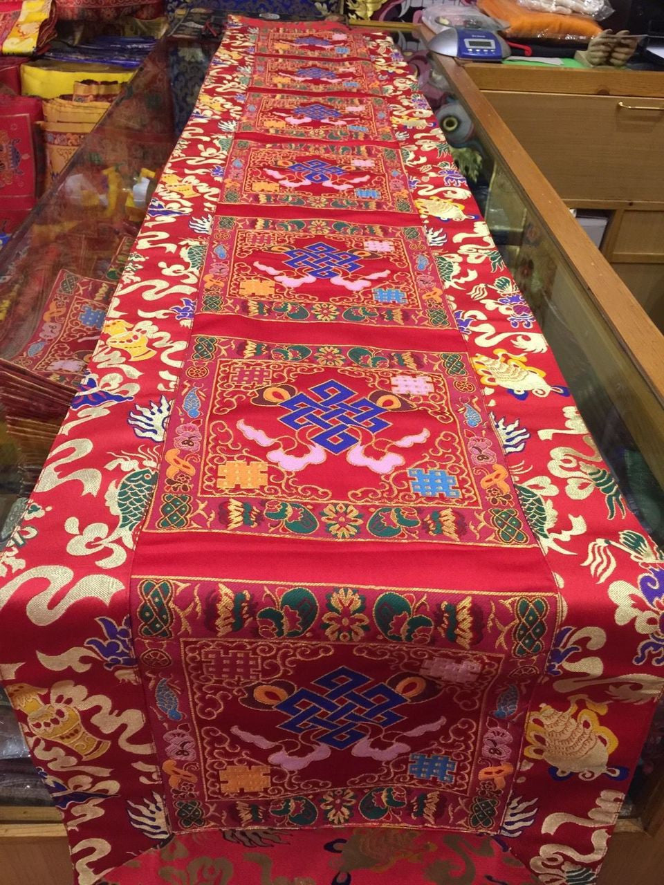 Tibetan silk brocade red endless knot large table runner / shrine table cover