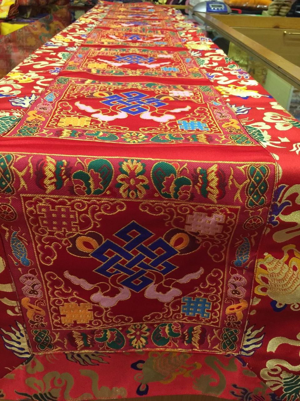 Tibetan silk brocade red endless knot large table runner / shrine table cover