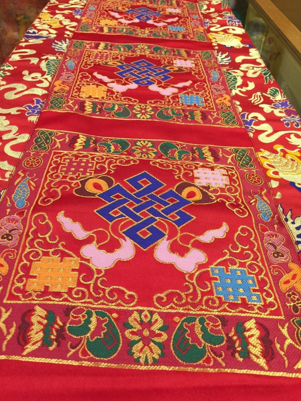 Tibetan silk brocade red endless knot large table runner / shrine table cover