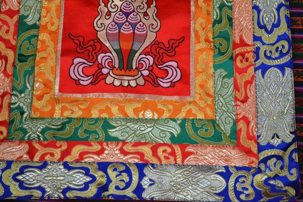Tibetan silk brocade multi colored red norbu shrine table cover / altar ...