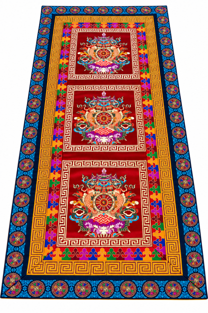 FREE SHIPPING TO USA – Tibetan Buddhist Silk Brocade Table Runner with Auspicious Symbols & Wheel of Life Border
