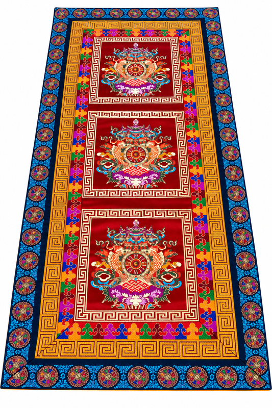 FREE SHIPPING TO USA – Tibetan Buddhist Silk Brocade Table Runner with Auspicious Symbols & Wheel of Life Border