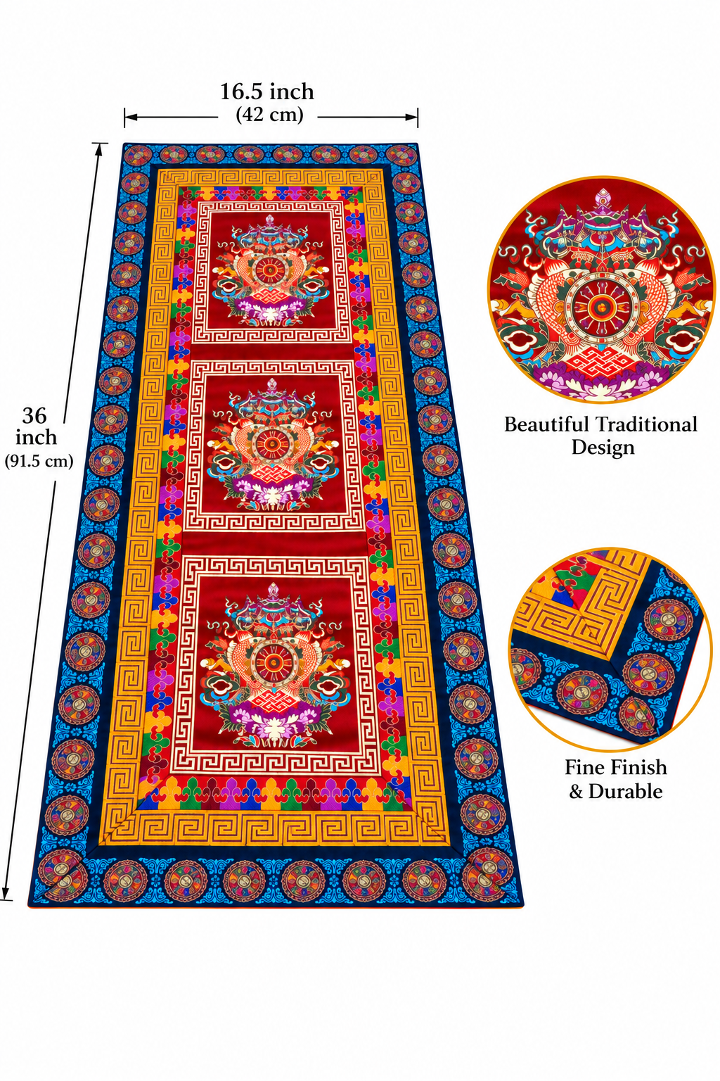 FREE SHIPPING TO USA – Tibetan Buddhist Silk Brocade Table Runner with Auspicious Symbols & Wheel of Life Border