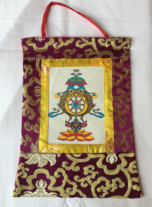 Tibetan Buddhism auspicious symbol small hand printed thangka / wall hanging