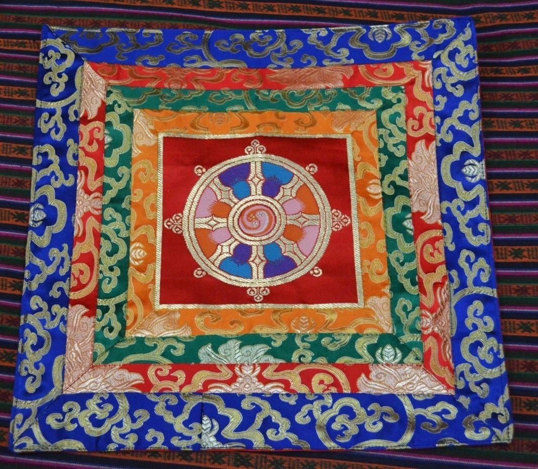 Tibetan silk brocade multi colored wheel of life shrine table cover / altar cloth