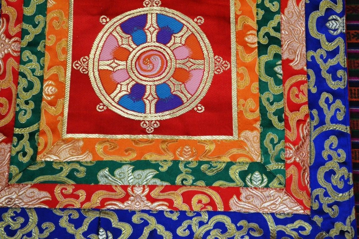 Tibetan silk brocade multi colored wheel of life shrine table cover / altar cloth