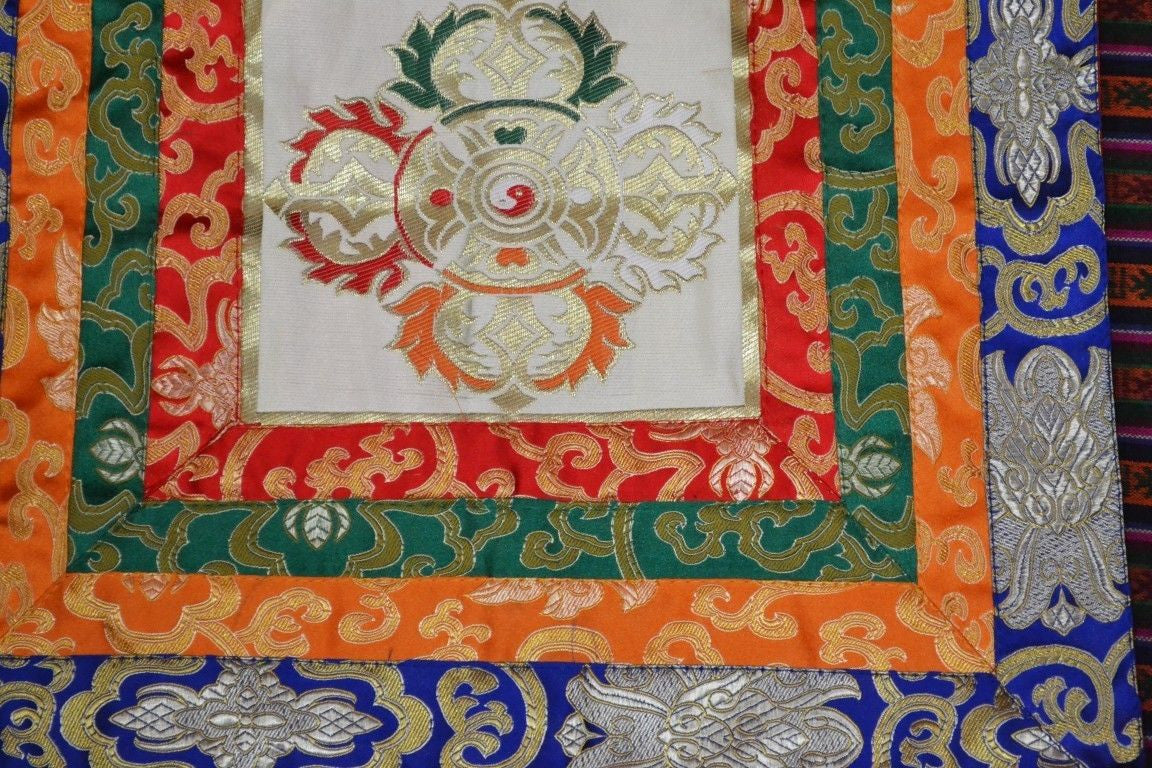 Tibetan silk brocade multi colored dorje shrine table cover / altar cloth