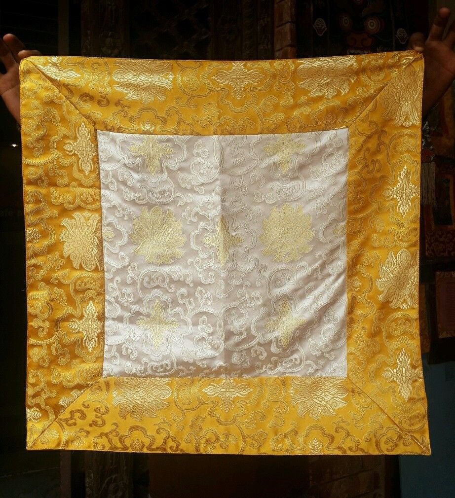 Tibetan buddhism white lotus silk brocade small square shrine table cover / altar cloth