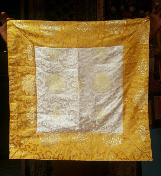 Tibetan buddhism white lotus silk brocade small square shrine table cover / altar cloth