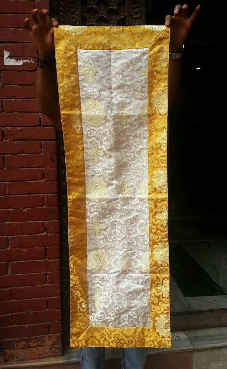 Tibetan high quality silk brocade white lotus / Pema table runner /altar cloth /shrine cover