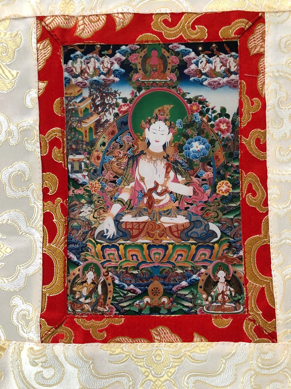 Tibetan silk brocade white tara small photo thangka / wall hanging