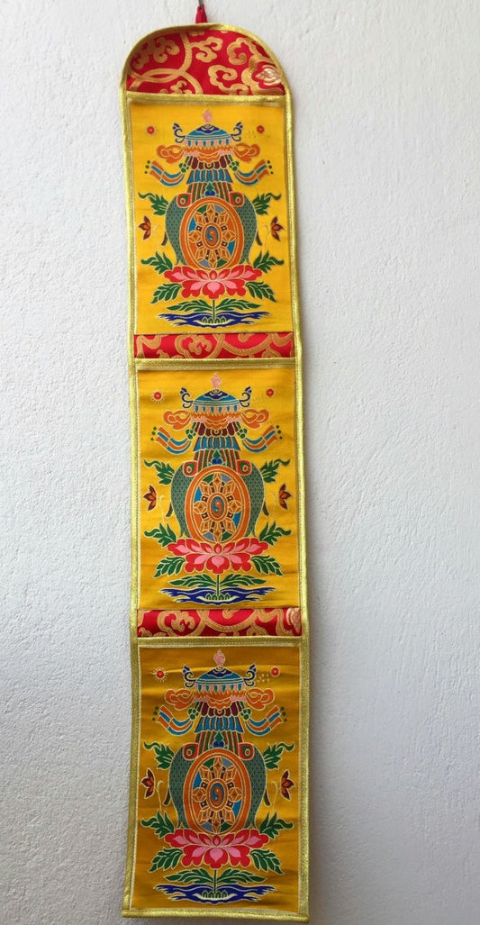 Tibetan yellow silk brocade Eight Lucky Symbol Letter Holder / Wall Hanging