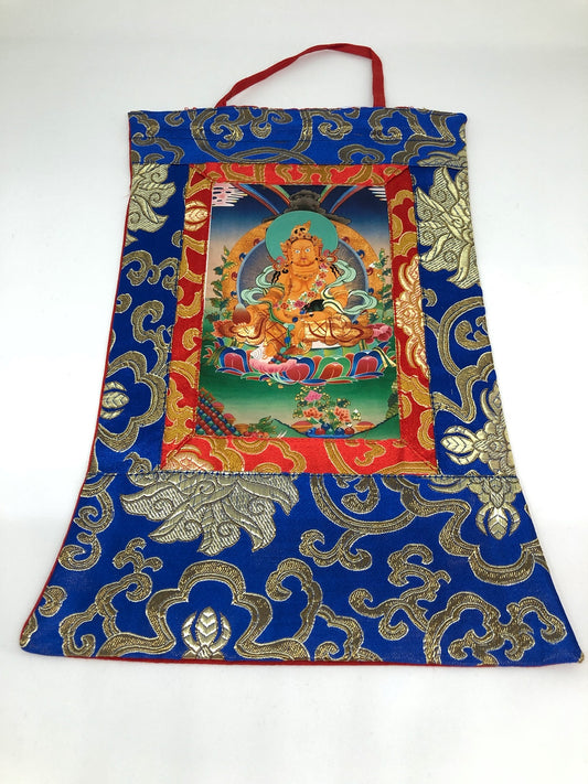 Tibetan silk brocade jambala /jambhala/zambala small photo thangka / wall hanging