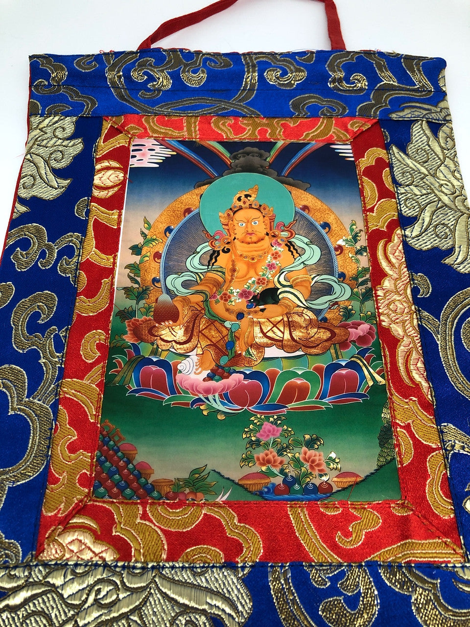 Tibetan silk brocade jambala /jambhala/zambala small photo thangka / wall hanging